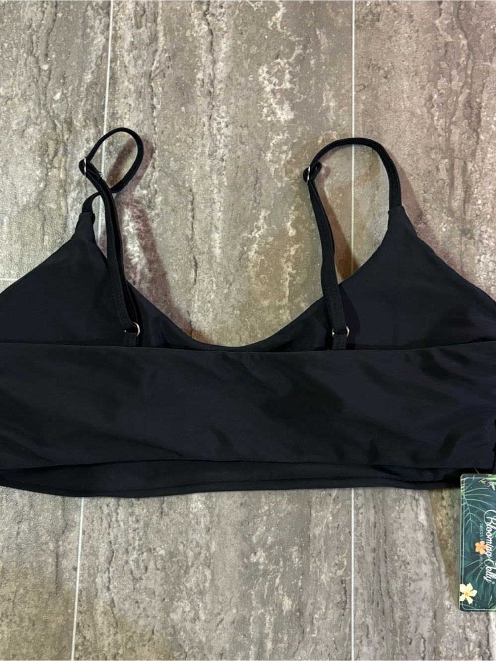 Black Minimalist Bikini Top Seamless Swim Bralette Spaghetti Strap Y2K Size L - Picture 7 of 12